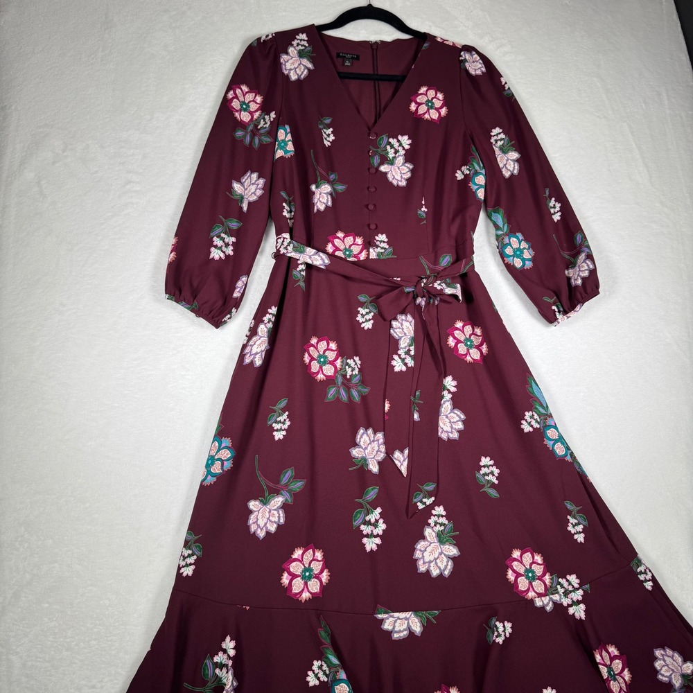Talbots Petite Burgundy Floral Maxi Dress‎ V-Neck Ruffle Hem 8P VN5084 - Picture 2 of 11